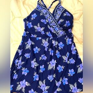 Lands' End Blue Floral Women's Swim One Piece